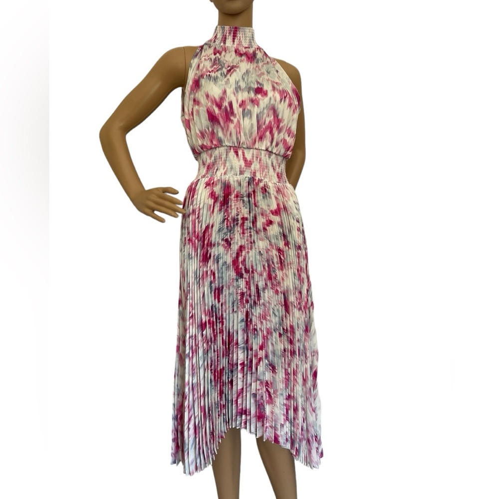 Halogen Floral Pleated Sharkbite Hem Dress